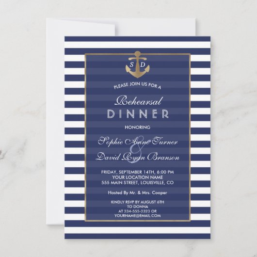Nautical Navy Blue Stripes Gold REHEARSAL DINNER Kaart (Voorkant)