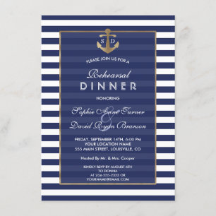Nautical Navy Blue Stripes Gold REHEARSAL DINNER Kaart