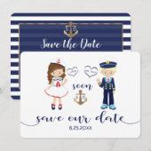 Nautical Navy Blue Stripes Gold Save the Date (Voorkant / Achterkant)