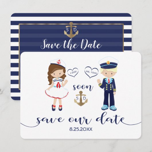 Nautical Navy Blue Stripes Gold Save the Date (Voorkant / Achterkant)