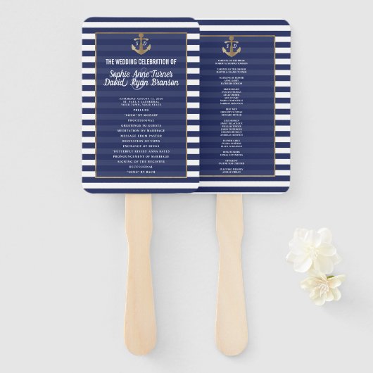 Nautical Navy Blue Stripes Gold Wedding Program Handwaaier (Voorkant en achterkant)
