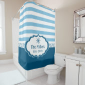 Nautical Navy Blue Stripes Helm Personalized Logo Douchegordijn (In situ)