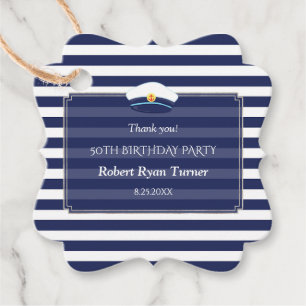 Nautical Navy Blue Stripes Man 50th Birthday Bedankjes Labels