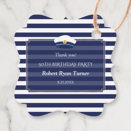 Nautical Navy Blue Stripes Man 50th Birthday Bedankjes Labels (Achterkant)