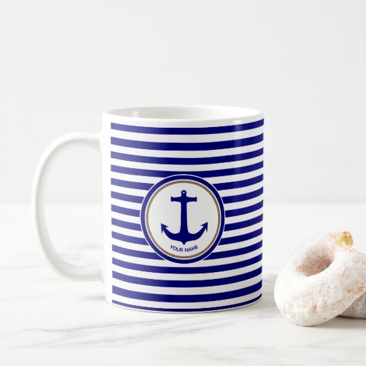 Nautical Navy Blue Stripes met Anchor Koffiemok (Met donut)