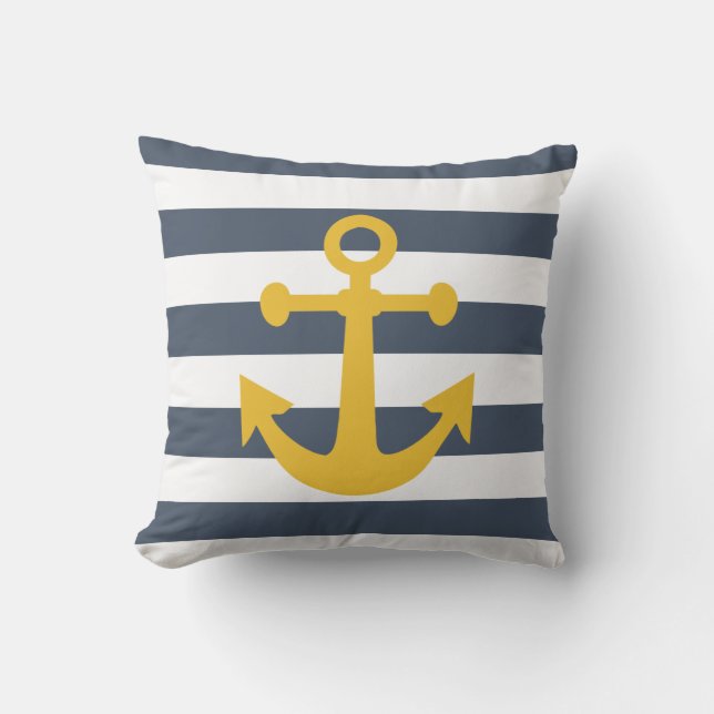 Nautical Navy Blue Stripes Mustard Yellow Anchor Buitenkussen (Voorkant)