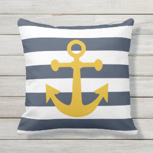 Nautical Navy Blue Stripes Mustard Yellow Anchor Buitenkussen