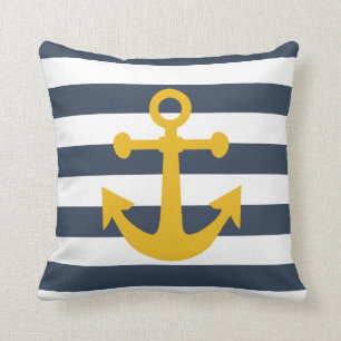 Nautical Navy Blue Stripes Mustard Yellow Anchor Kussen
