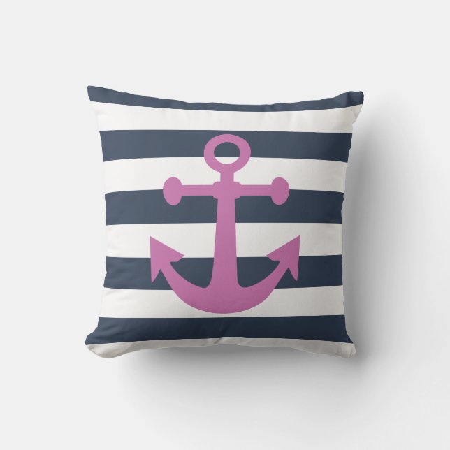 Nautical Navy Blue Stripes Paarse Anker Kussen (Voorkant)