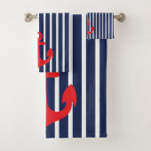 Nautical Navy Blue Stripes Red Anchor Bad Handdoek (Insitu)