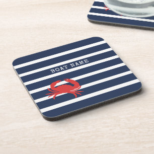 Nautical Navy Blue Stripes Red Crab Boat Name Bier Onderzetter