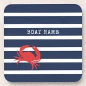 Nautical Navy Blue Stripes Red Crab Boat Name Bier Onderzetter (Voorkant)