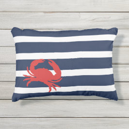 Nautical Navy Blue Stripes Red Crab Boat Name Buitenkussen