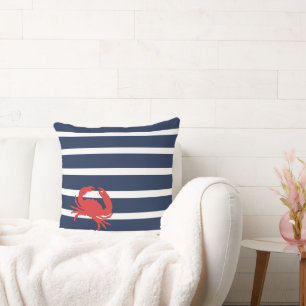 Nautical Navy Blue Stripes Red Crab Boat Name Kussen