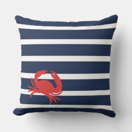 Nautical Navy Blue Stripes Red Crab Boat Name Kussen