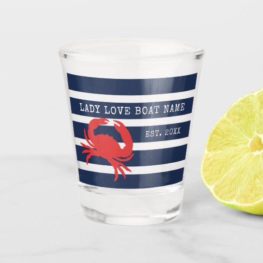 Nautical Navy Blue Stripes Red Crab Boat Name Shot Glas (Voorkant)