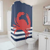Nautical Navy Blue Stripes Red Crab Douchegordijn (In situ)