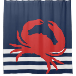Nautical Navy Blue Stripes Red Crab Douchegordijn