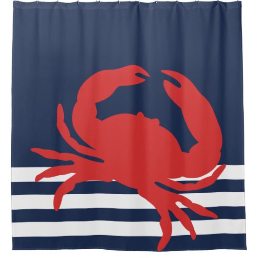 Nautical Navy Blue Stripes Red Crab Douchegordijn (Voorkant)