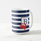 Nautical Navy Blue Stripes Red Crab Monogram Coffe Koffiemok (Voorkant rechts)
