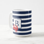 Nautical Navy Blue Stripes Red Crab Monogram Coffe Koffiemok (Voorkant links)