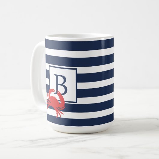 Nautical Navy Blue Stripes Red Crab Monogram Coffe Koffiemok (Voorkant links)