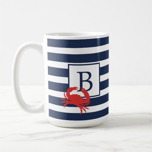 Nautical Navy Blue Stripes Red Crab Monogram Coffe Koffiemok (Links)