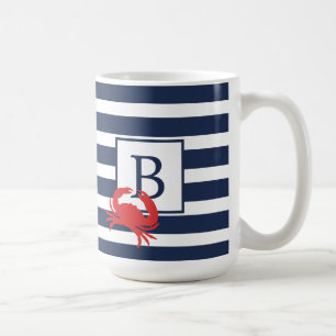 Nautical Navy Blue Stripes Red Crab Monogram Coffe Koffiemok