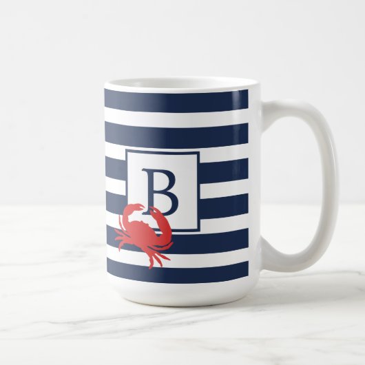 Nautical Navy Blue Stripes Red Crab Monogram Coffe Koffiemok (Rechts)