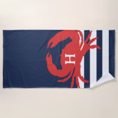 Nautical Navy Blue Stripes Red Crab Monogram Strandlaken (Voorkant)
