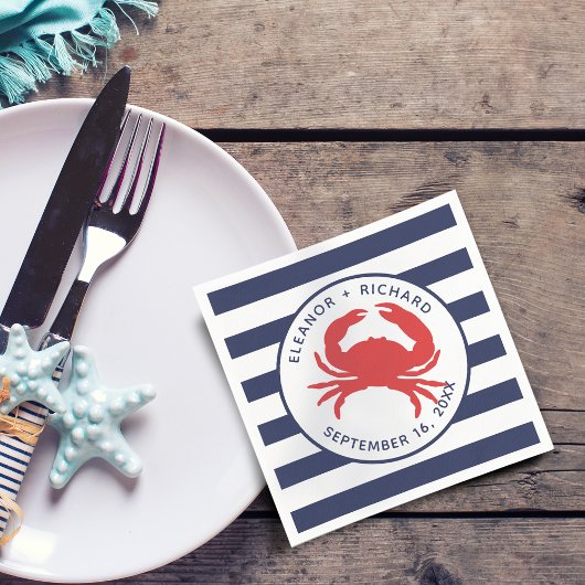 Nautical Navy Blue Stripes Red Crab Paper Servet