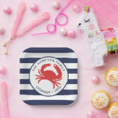Nautical Navy Blue Stripes Red Crab Papieren Bordje (Feest)