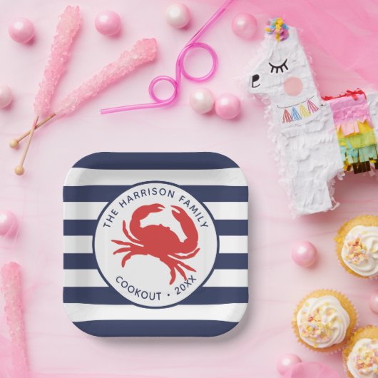 Nautical Navy Blue Stripes Red Crab Papieren Bordje (Feest)