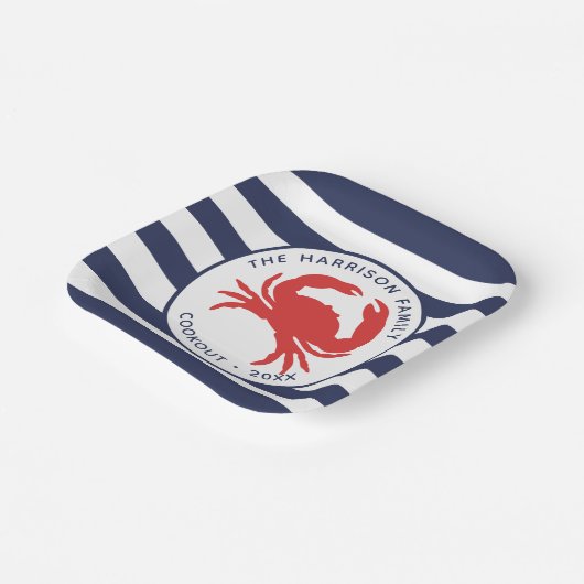 Nautical Navy Blue Stripes Red Crab Papieren Bordje (Gebogen)