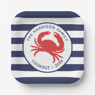 Nautical Navy Blue Stripes Red Crab Papieren Bordje