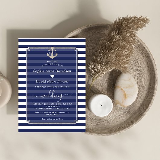 Nautical Navy Blue Stripes Silver Anchor Wedding Kaart
