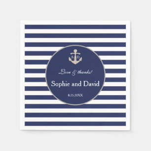 Nautical Navy Blue Stripes Silver Anchor Wedding Servet