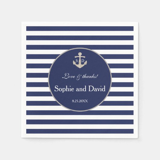 Nautical Navy Blue Stripes Silver Anchor Wedding Servet (Voorkant)
