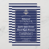 Nautical Navy Blue Stripes Silver REHEARSAL DINNER Kaart (Voorkant / Achterkant)