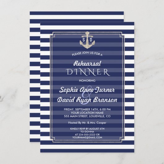 Nautical Navy Blue Stripes Silver REHEARSAL DINNER Kaart (Voorkant / Achterkant)