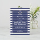 Nautical Navy Blue Stripes Silver REHEARSAL DINNER Kaart (Staand voorkant)
