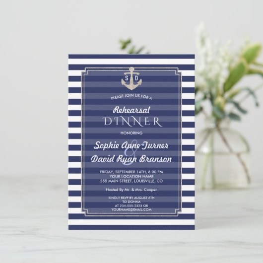 Nautical Navy Blue Stripes Silver REHEARSAL DINNER Kaart (Staand voorkant)