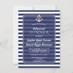 Nautical Navy Blue Stripes Silver REHEARSAL DINNER Kaart