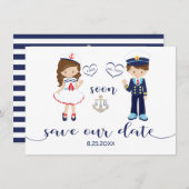 Nautical Navy Blue Stripes Silver Save the Date (Voorkant / Achterkant)