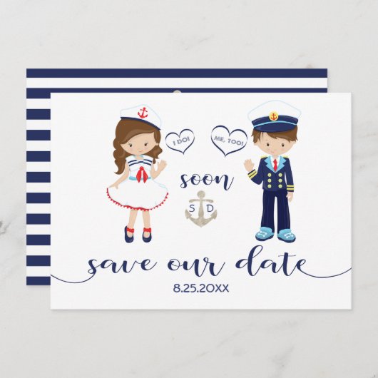 Nautical Navy Blue Stripes Silver Save the Date (Voorkant / Achterkant)