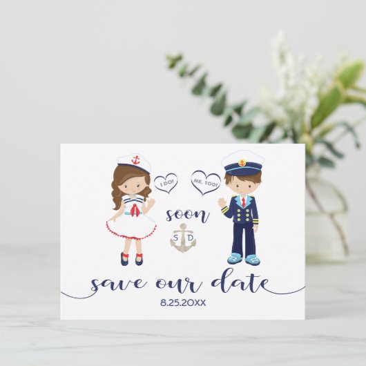 Nautical Navy Blue Stripes Silver Save the Date (Staand voorkant)