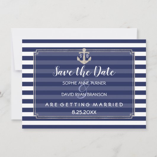 Nautical Navy Blue Stripes Silver Save the Date (Achterkant)