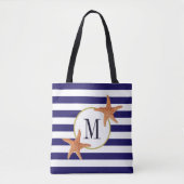 Nautical Navy Blue Stripes Starfish Monogram Beach Tote Bag (Voorkant)