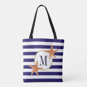 Nautical Navy Blue Stripes Starfish Monogram Beach Tote Bag (Achterkant)