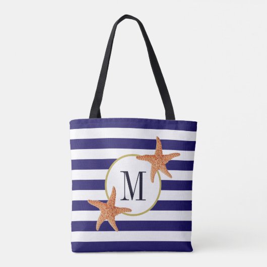 Nautical Navy Blue Stripes Starfish Monogram Beach Tote Bag (Achterkant)